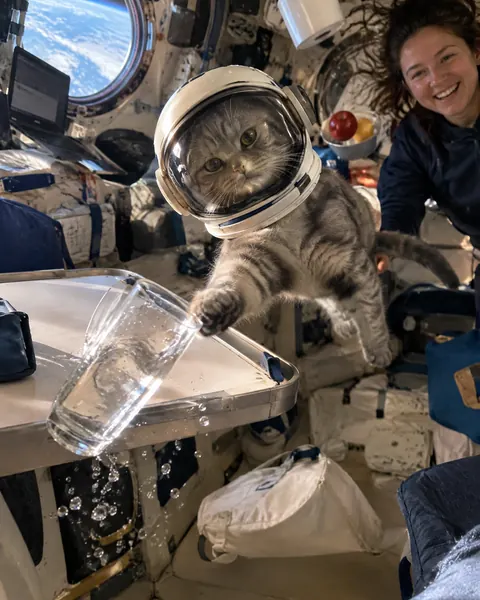 A cat in a tiny astronaut helmet pushing a glass off a table inside a spaceship