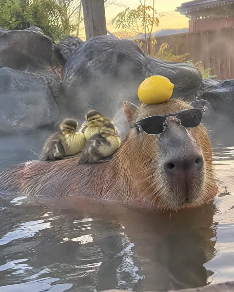 A capybara in a hot tub wearing sunglasses with a lemon on its head and ducklings on its back