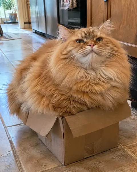A very round orange cat squeezed into a cardboard box that is far too small