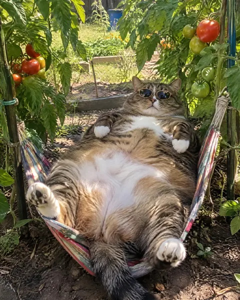 A fat tabby cat lying in a small garden hammock stretched almost to the ground