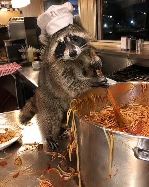 A raccoon in a tiny chef hat stirring a big pot of spaghetti on a diner counter