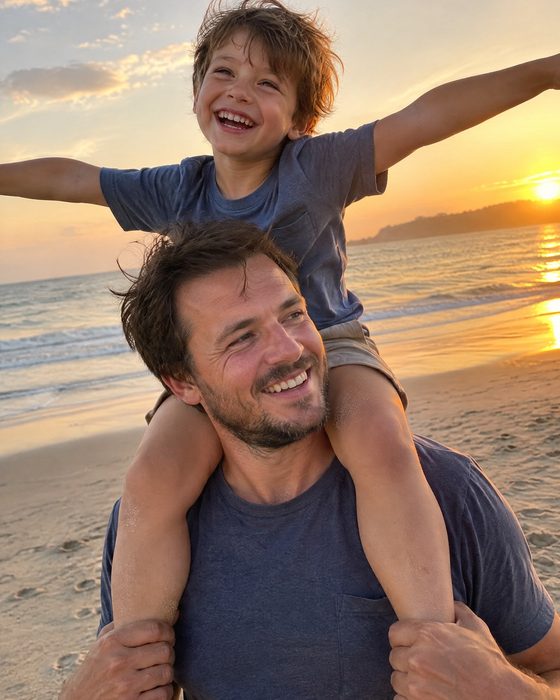 Polaroid of a boy on his father's shoulders with his arms wide open on a beach at sunset — the photo behind the sample song 'Wings on My Shoulders'